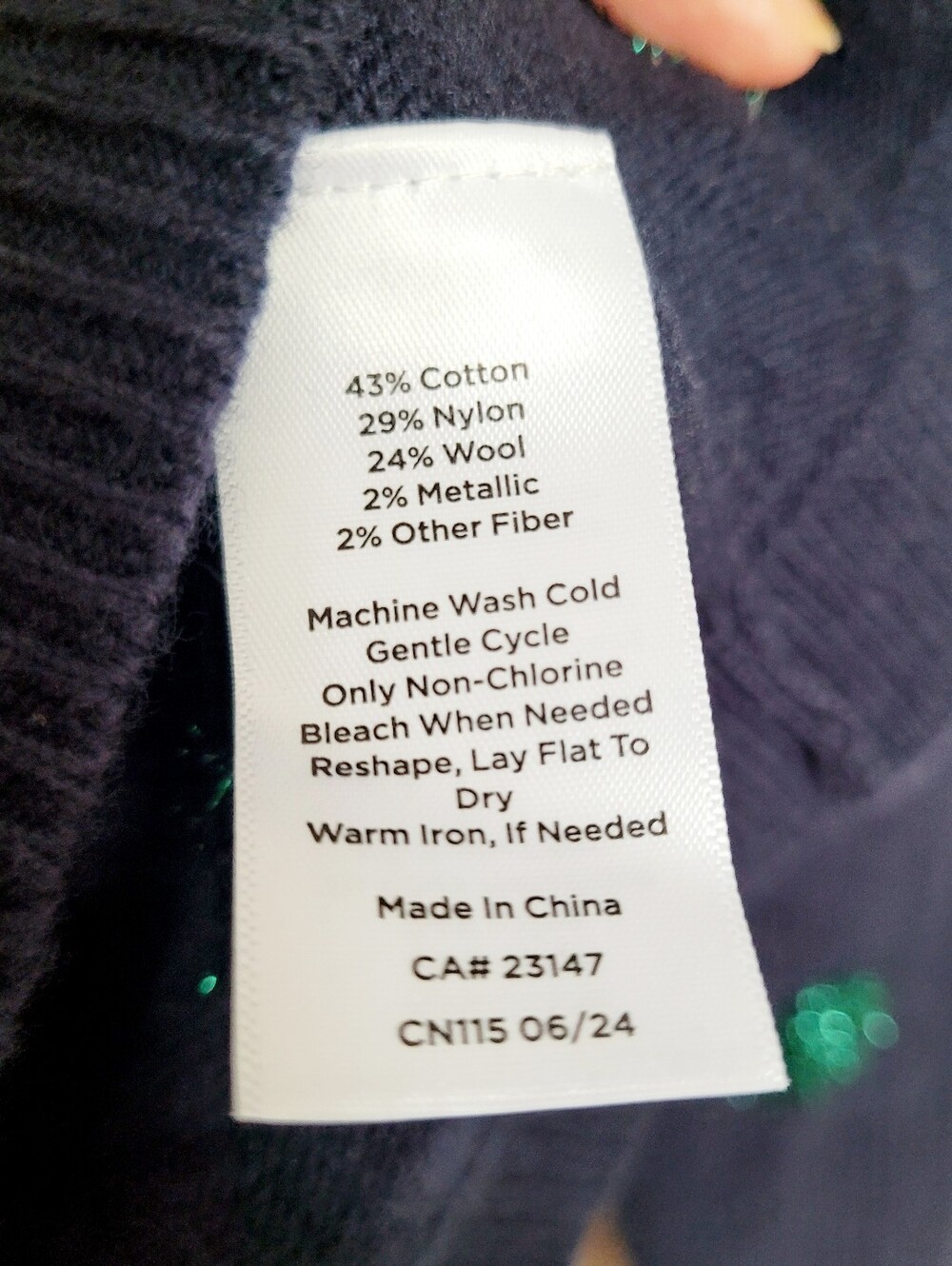 Talbots Wool Blnd Navy Crewneck Sweater with Green Tinsel Dot/Pom Accents Medium - Picture 7 of 14